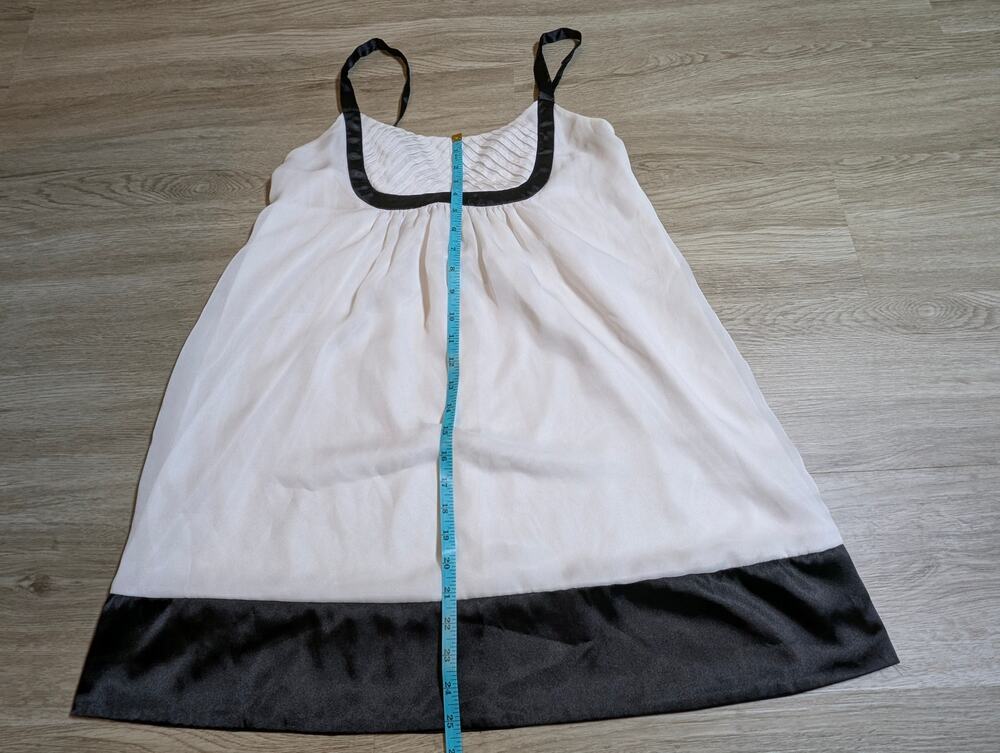 Vintage Y2K Babydoll Cami Tank Top Women Large White Black Satin Trim Pleated L